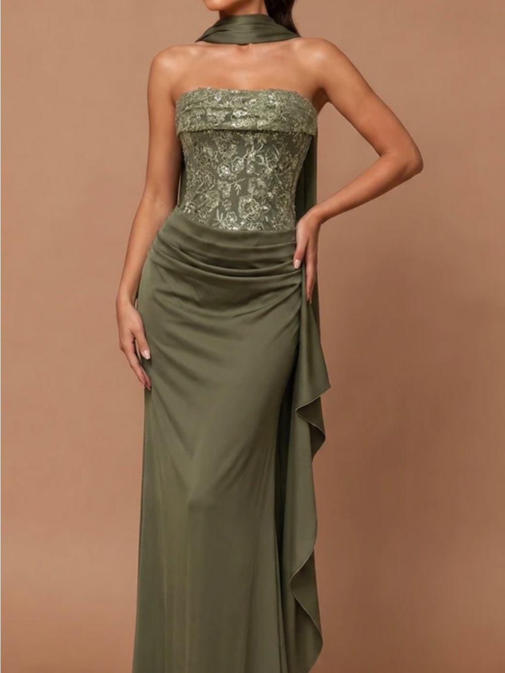 Olive Strapless Lace Bodice Evening Gown